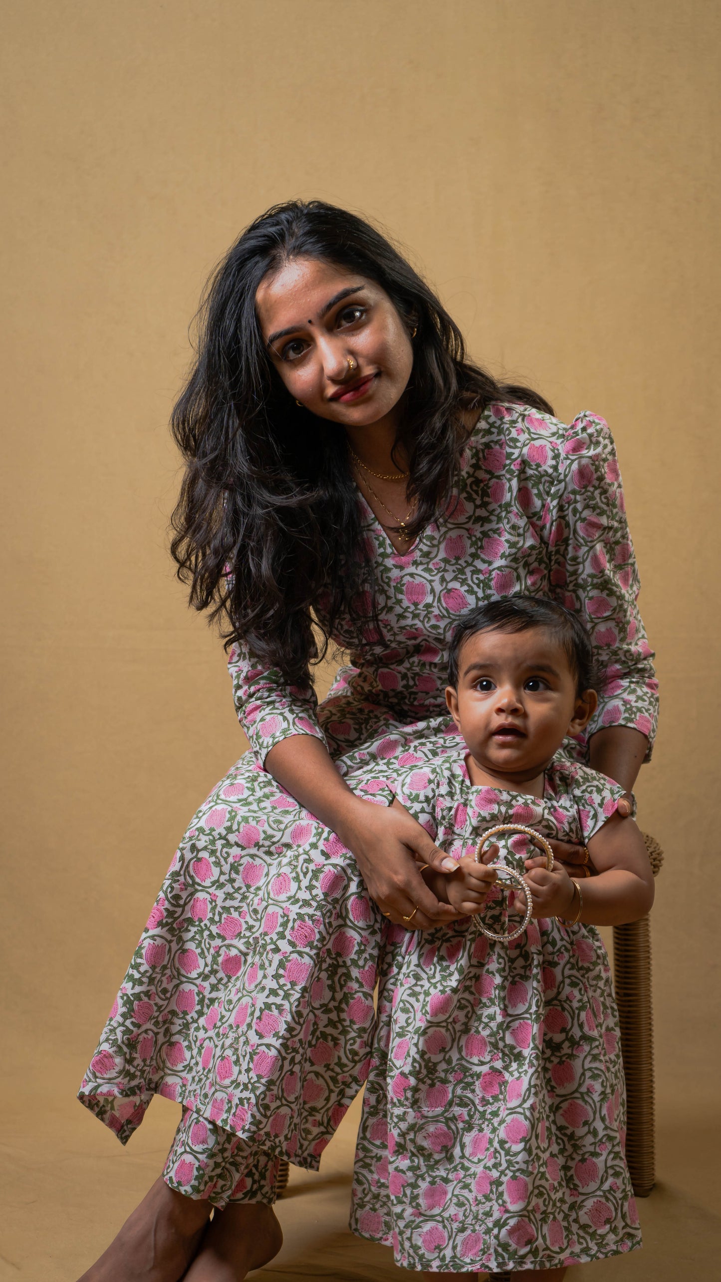 Mother & Daughter Twinning Dress | Lotus and Leaf Print | White and Pink