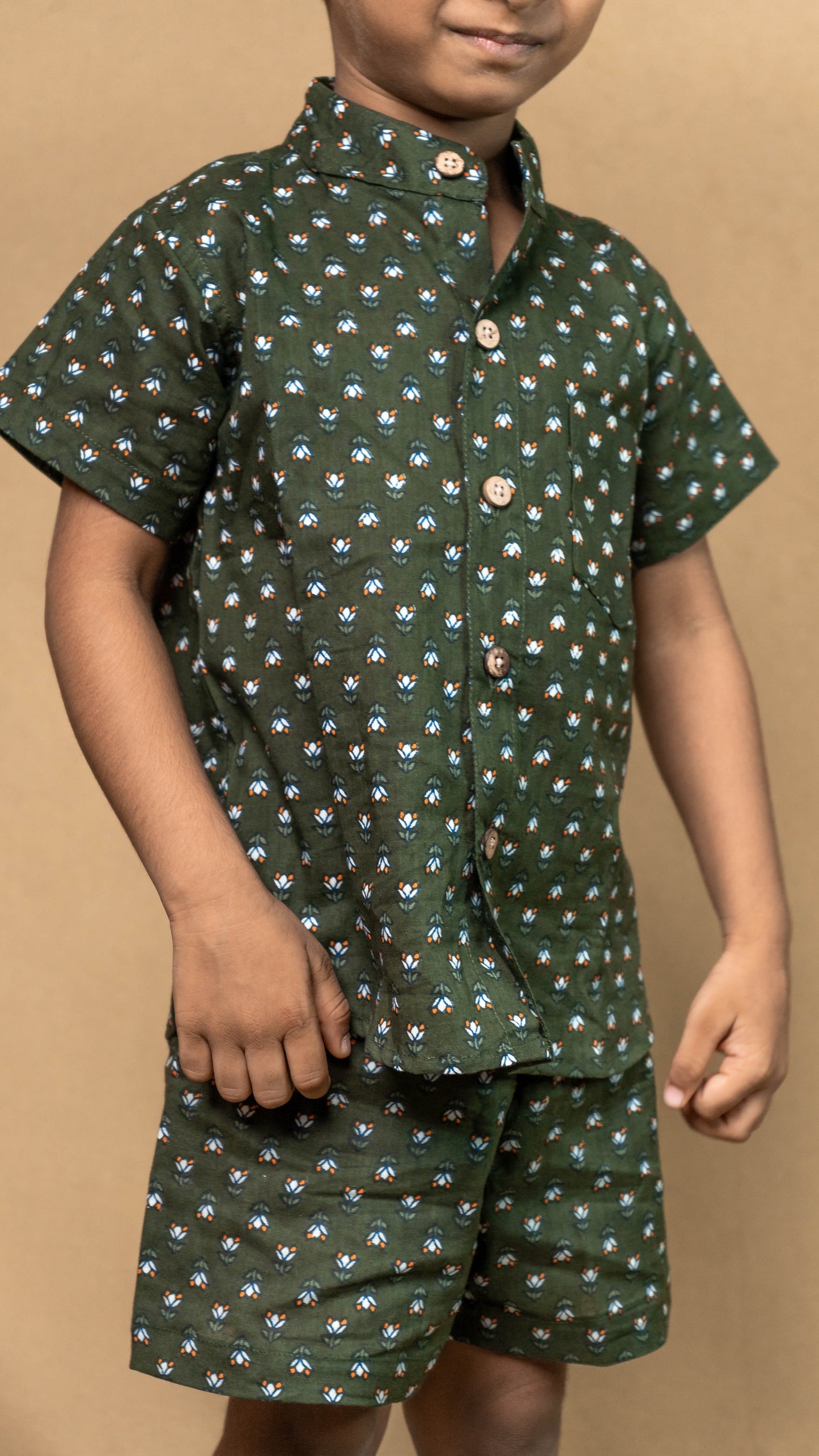 Dark Green Flower Print Cotton shirt and shorts set