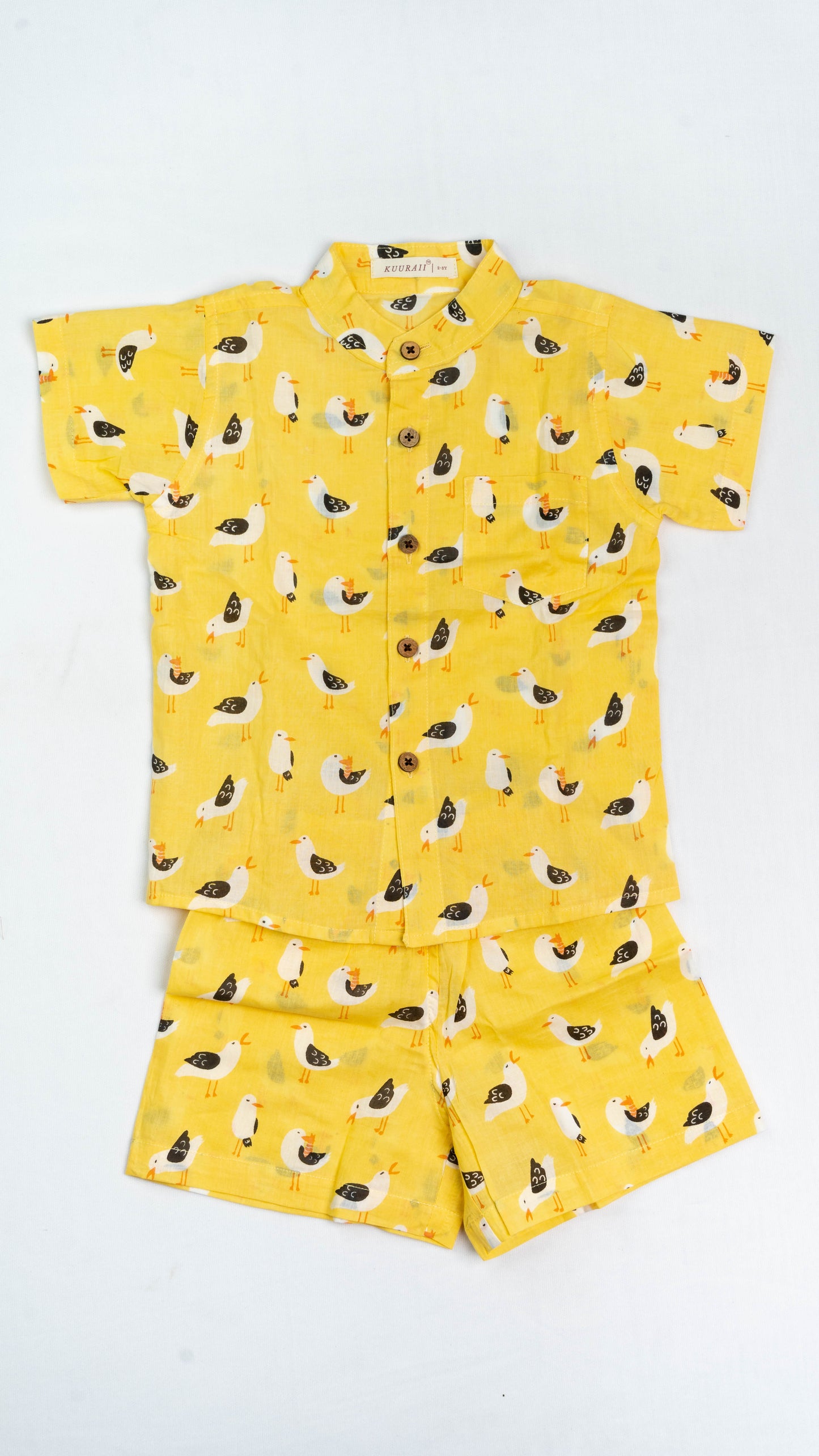 Yellow Bird Print Cotton shirt and shorts set