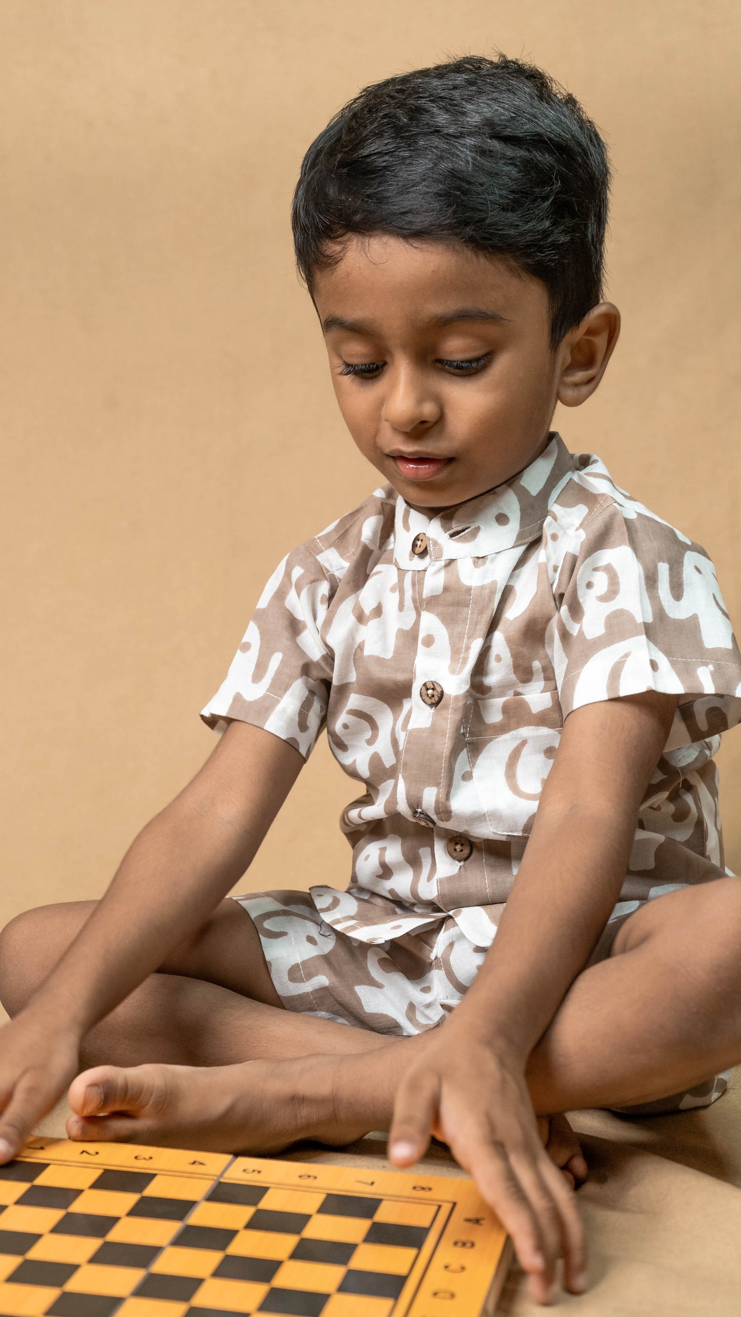 Beige White Elephant Print Cotton shirt and shorts set