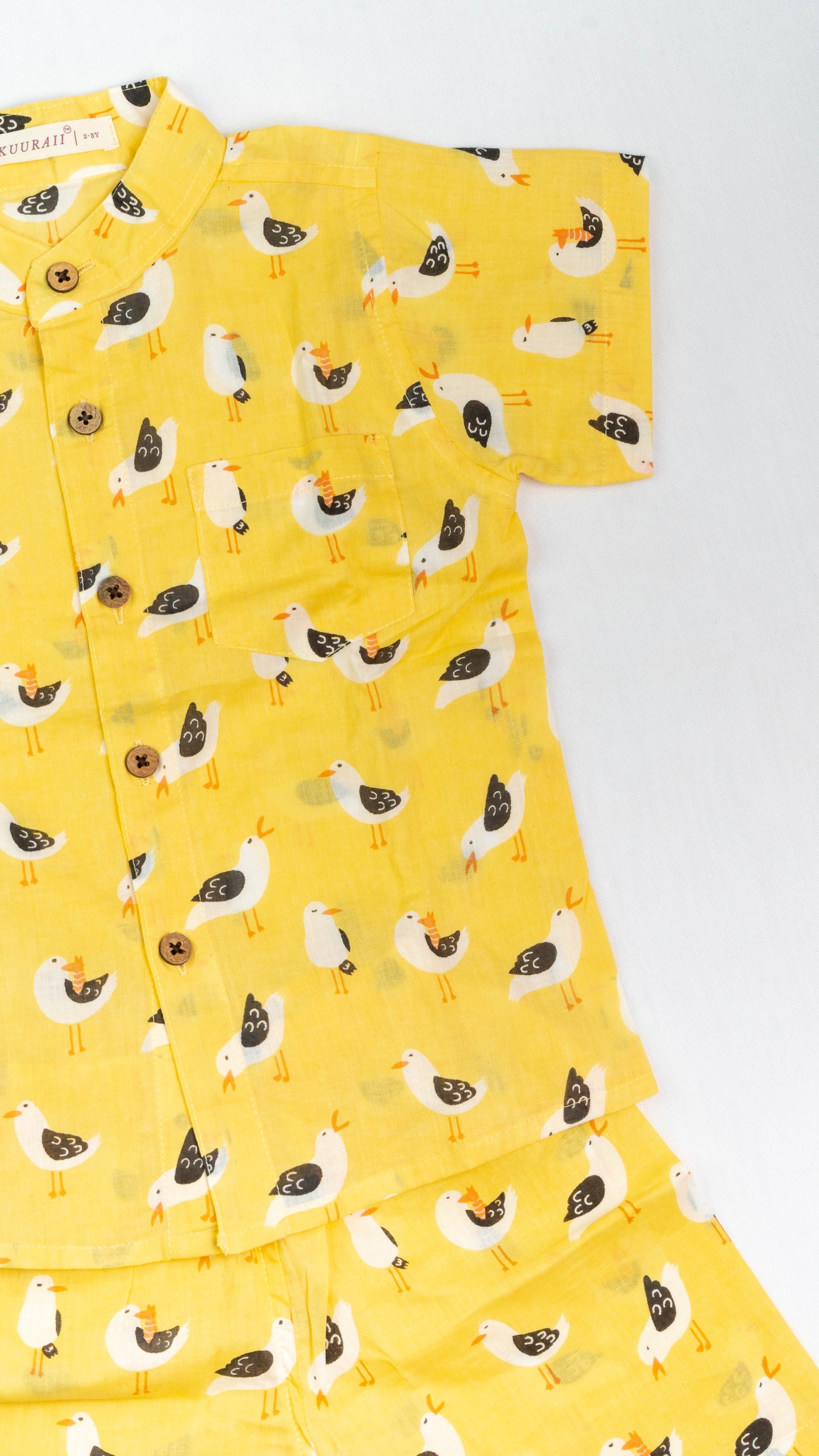 Yellow Bird Print Cotton shirt and shorts set