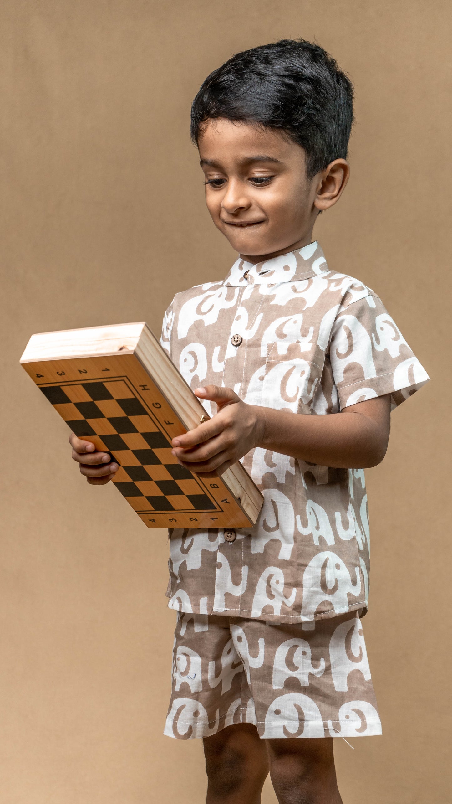 Beige White Elephant Print Cotton shirt and shorts set