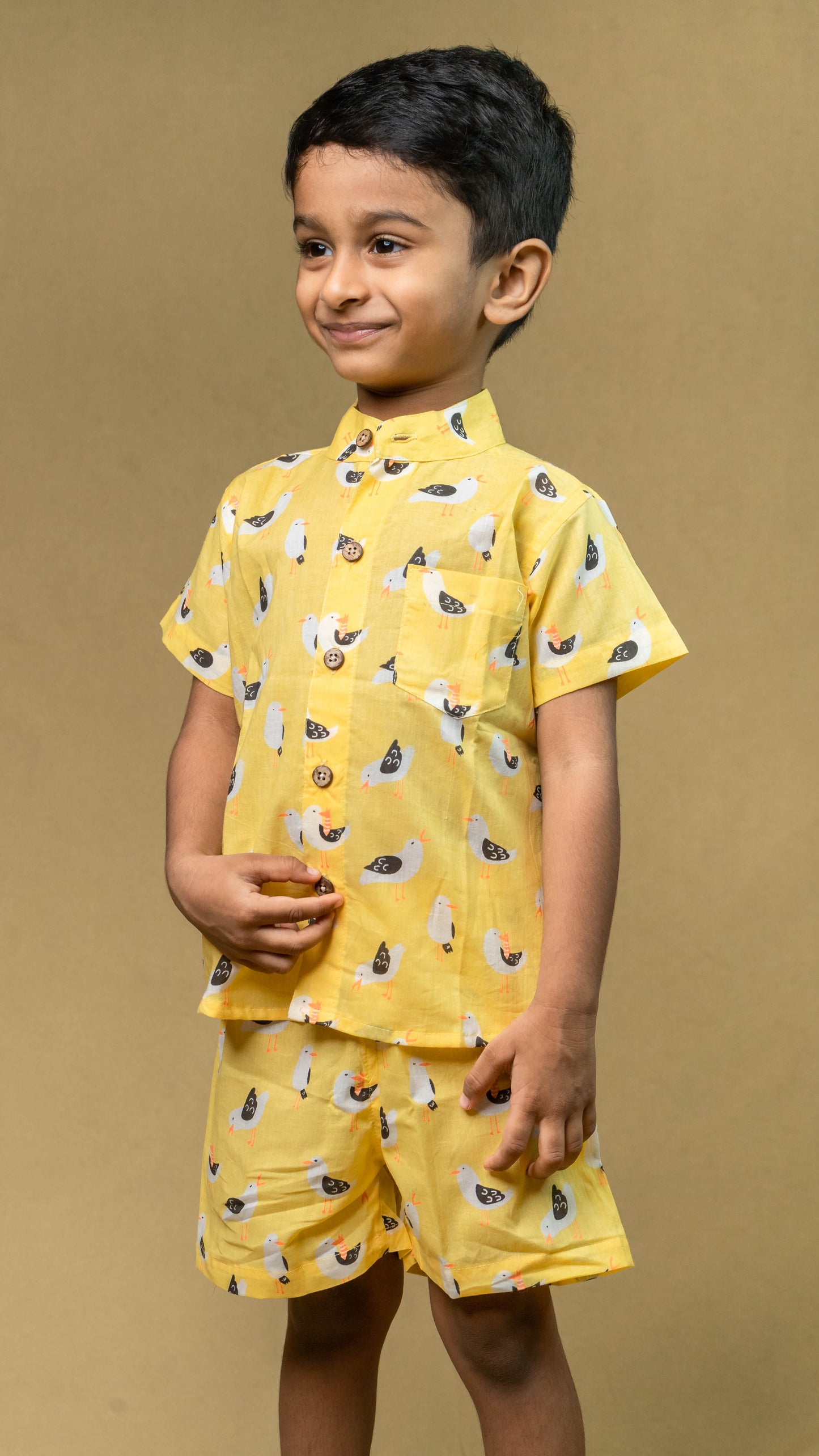 Yellow Bird Print Cotton shirt and shorts set