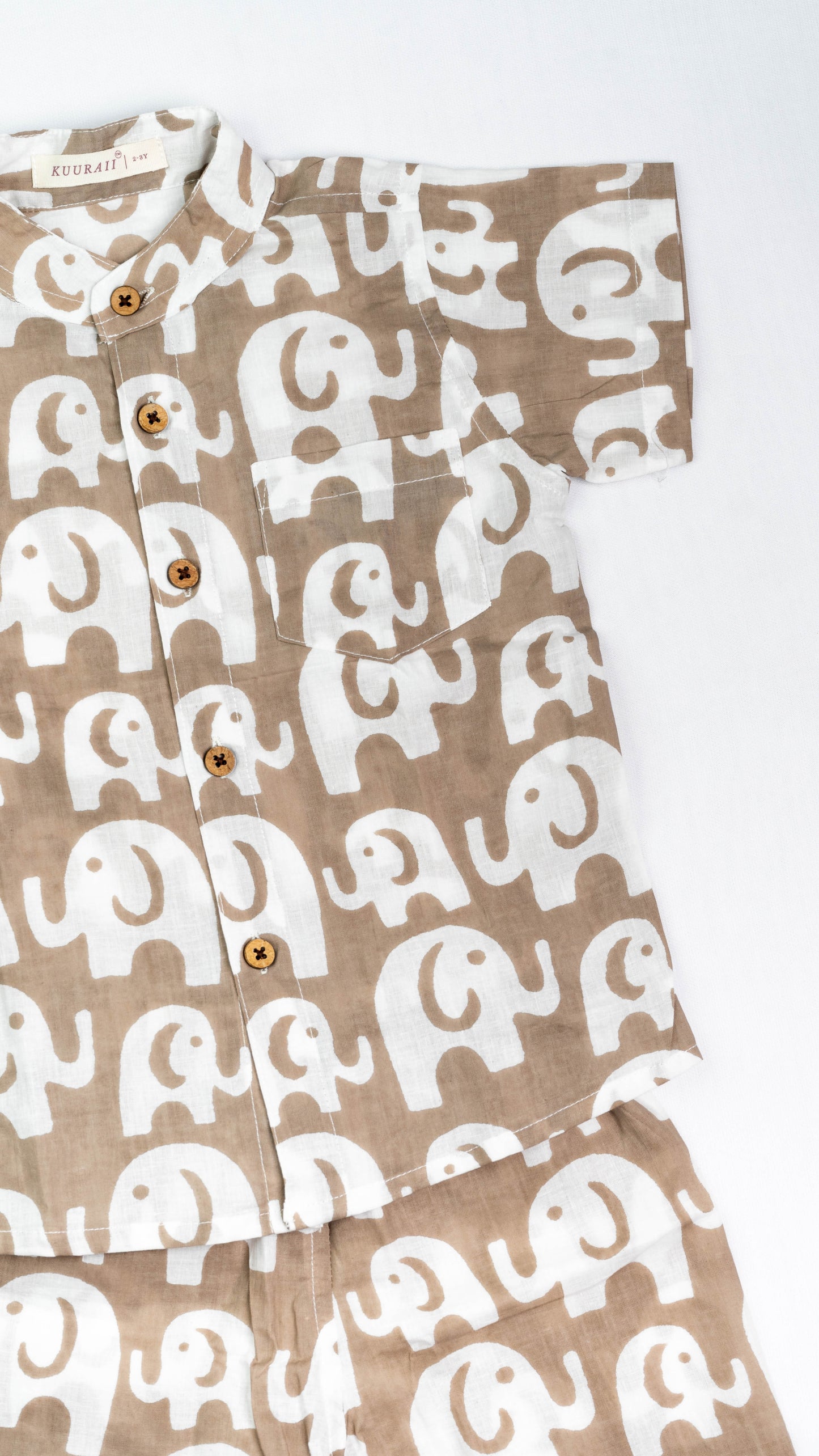 Beige White Elephant Print Cotton shirt and shorts set