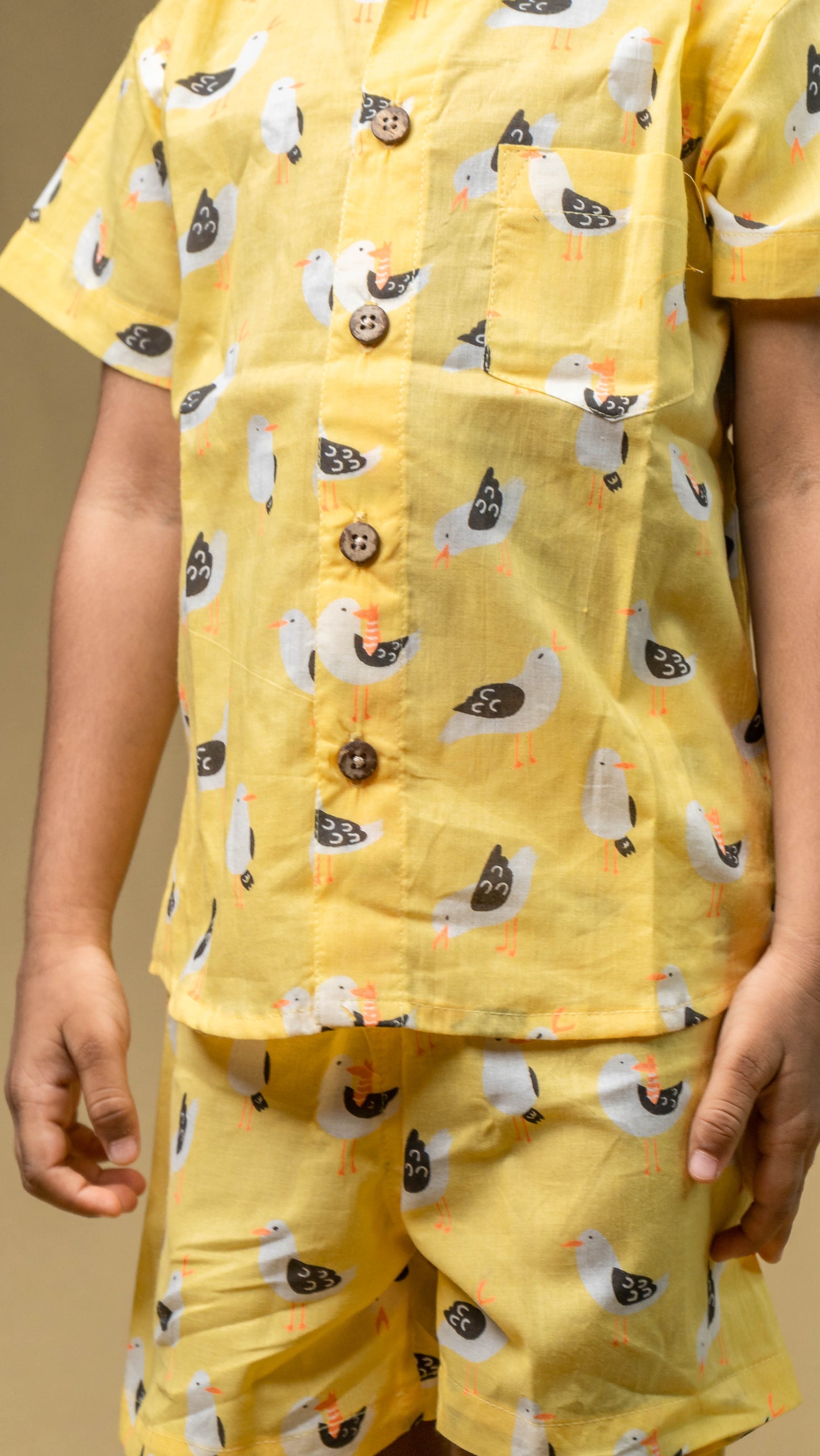 Yellow Bird Print Cotton shirt and shorts set