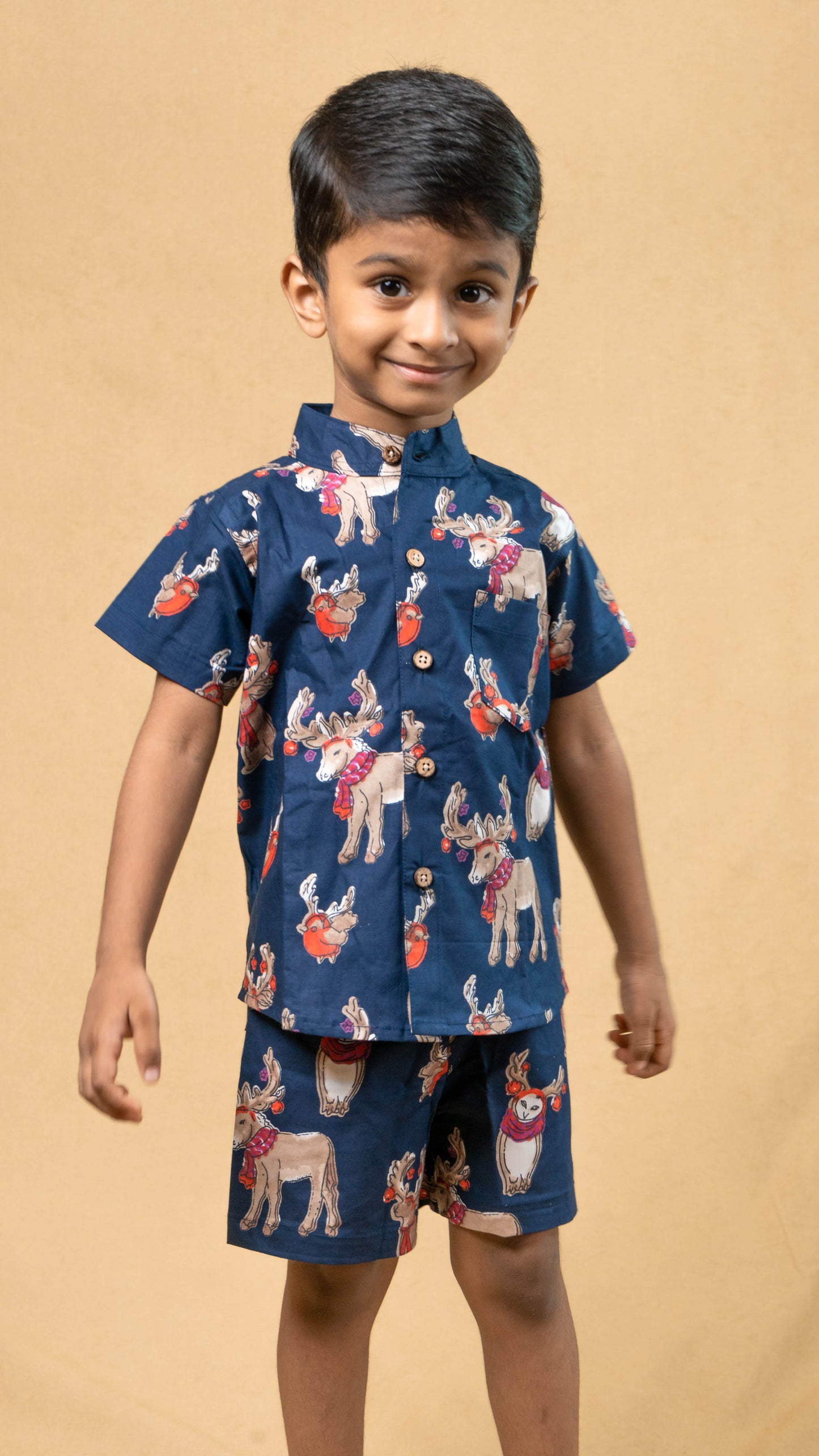 Blue Reindeer Print Cotton shirt and shorts set