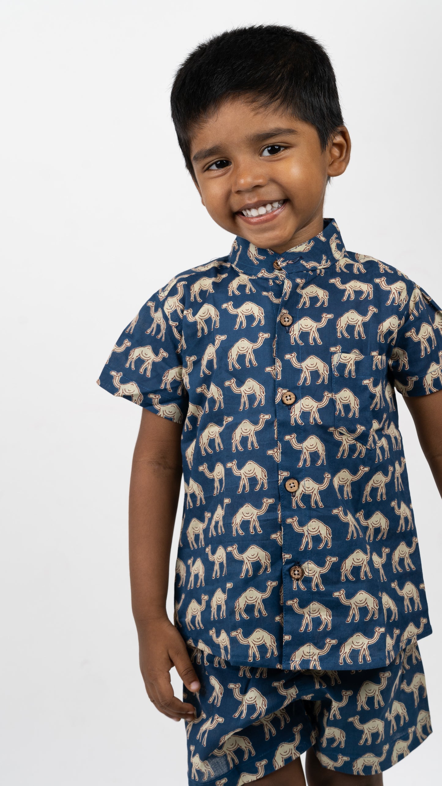 Blue Beige Camel Print Cotton shirt and shorts set