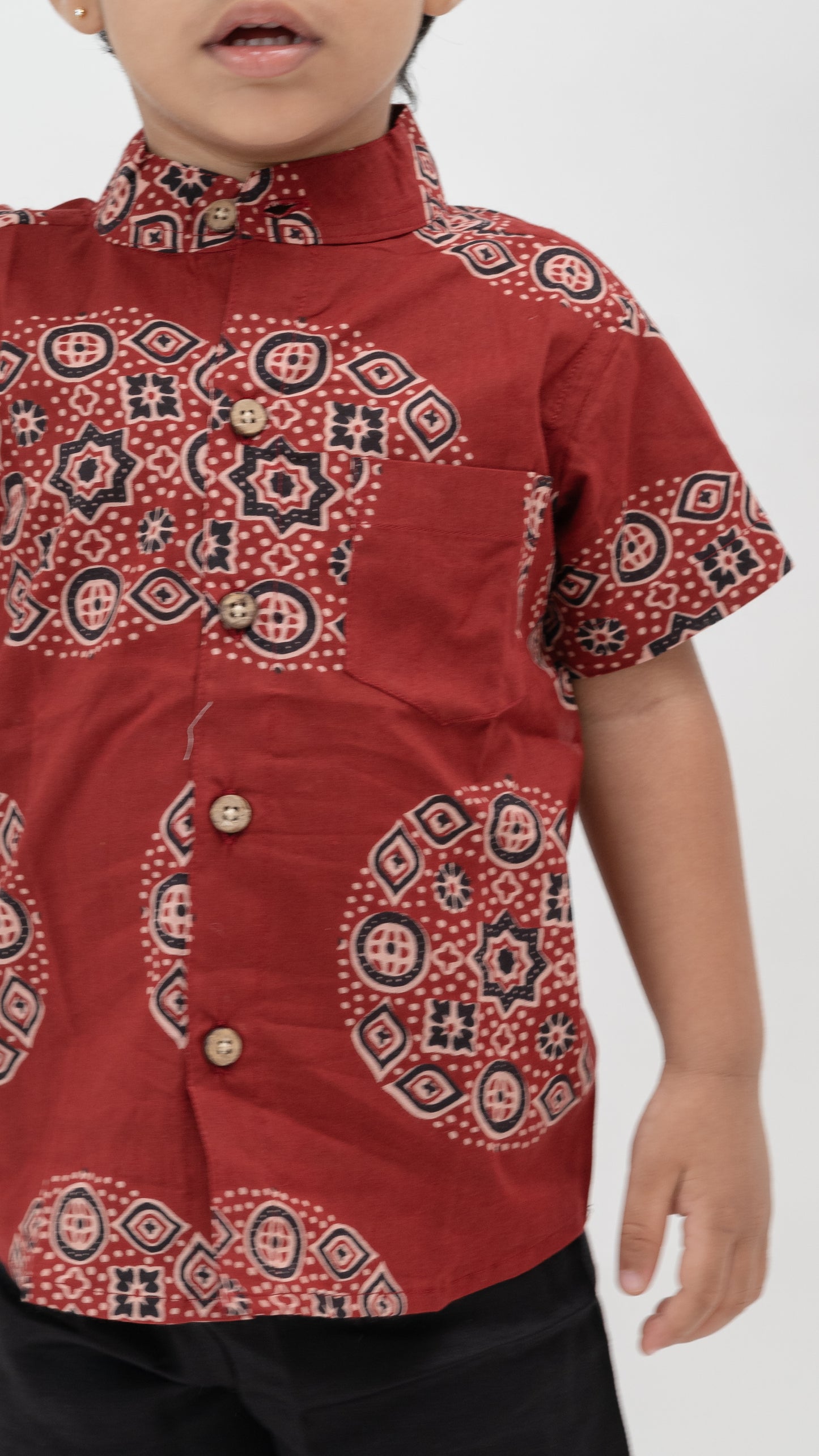 Red and Black Print Cotton Shirt and Shorts Set