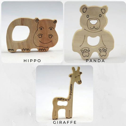 Wooden Hippo, Giraffe and Panda Teethers