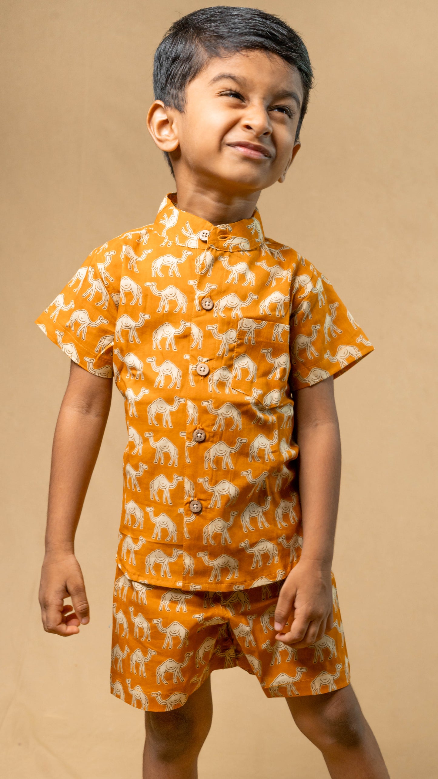 Yellow Camel Print Cotton shirt and shorts set