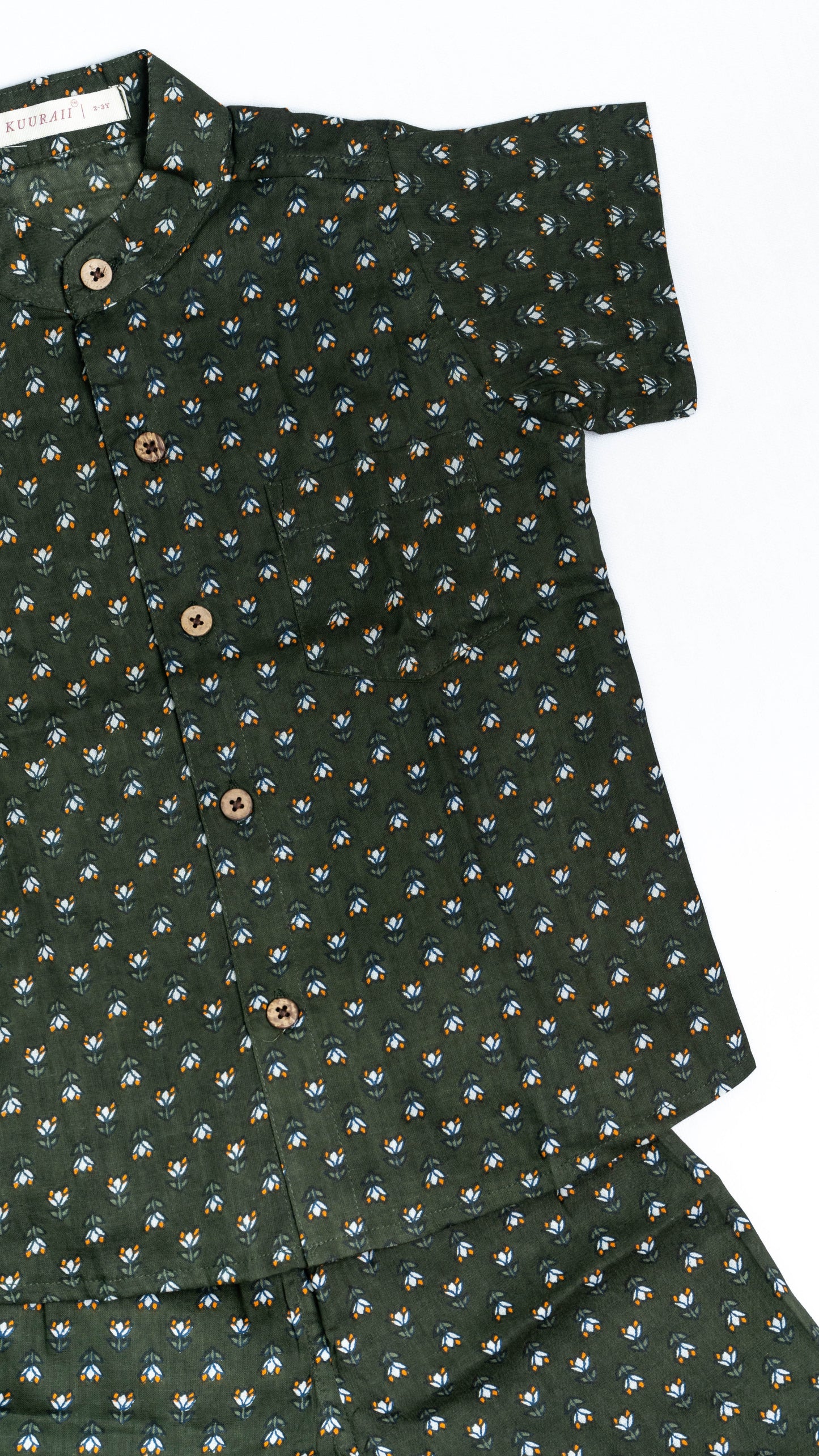Dark Green Flower Print Cotton shirt and shorts set
