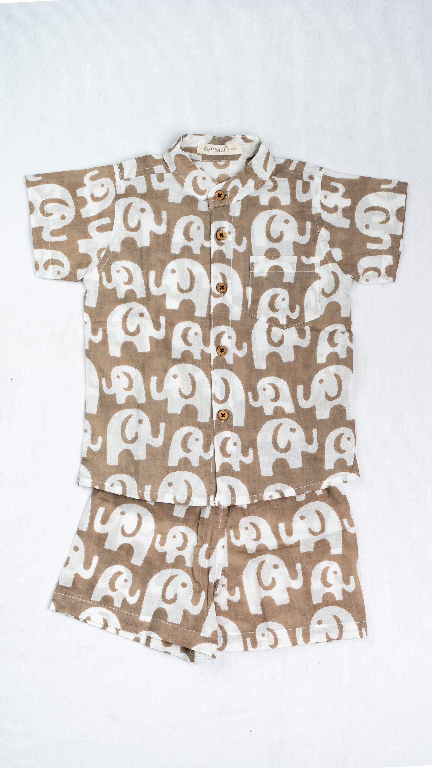 Beige White Elephant Print Cotton shirt and shorts set