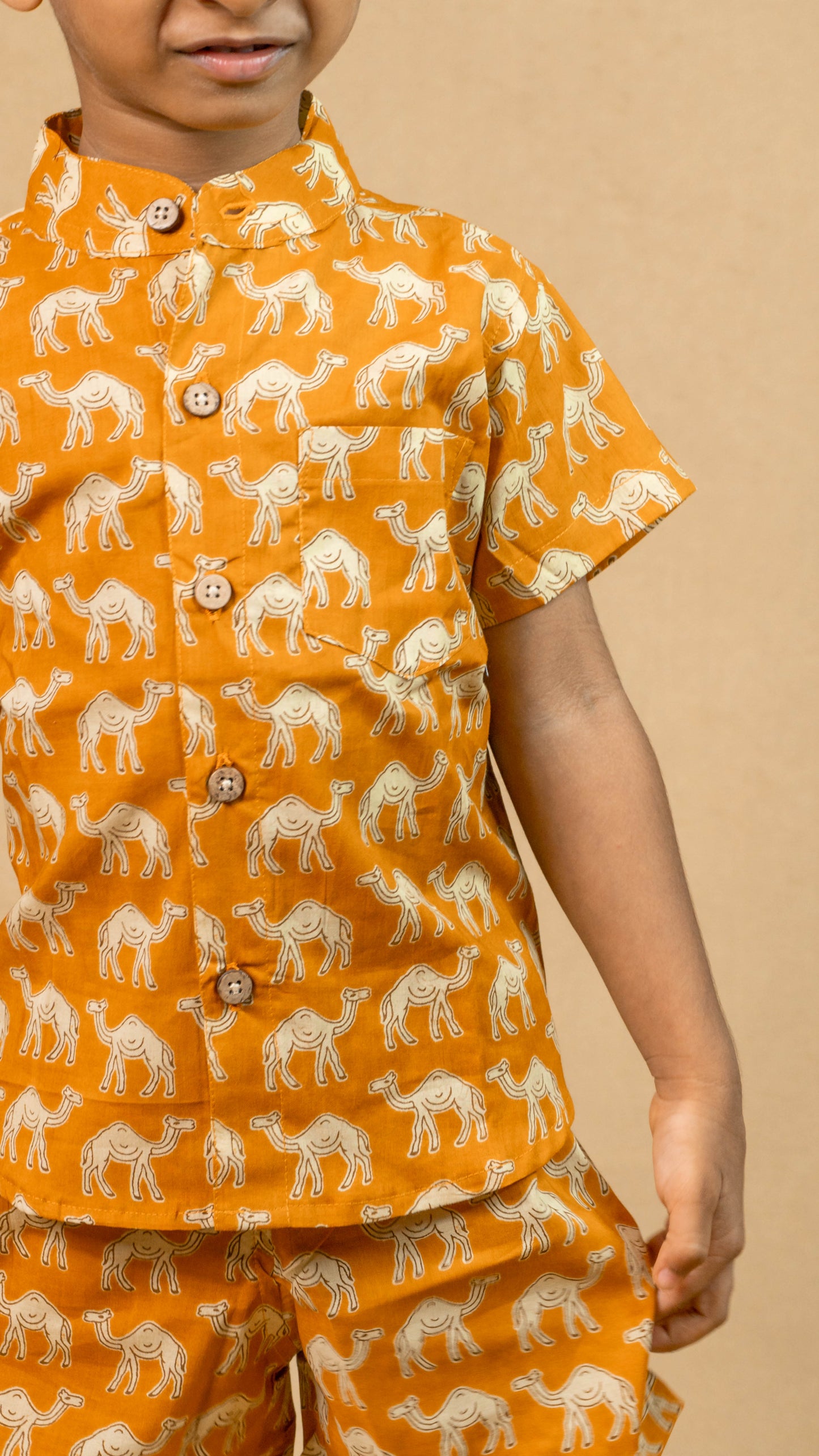 Yellow Camel Print Cotton shirt and shorts set