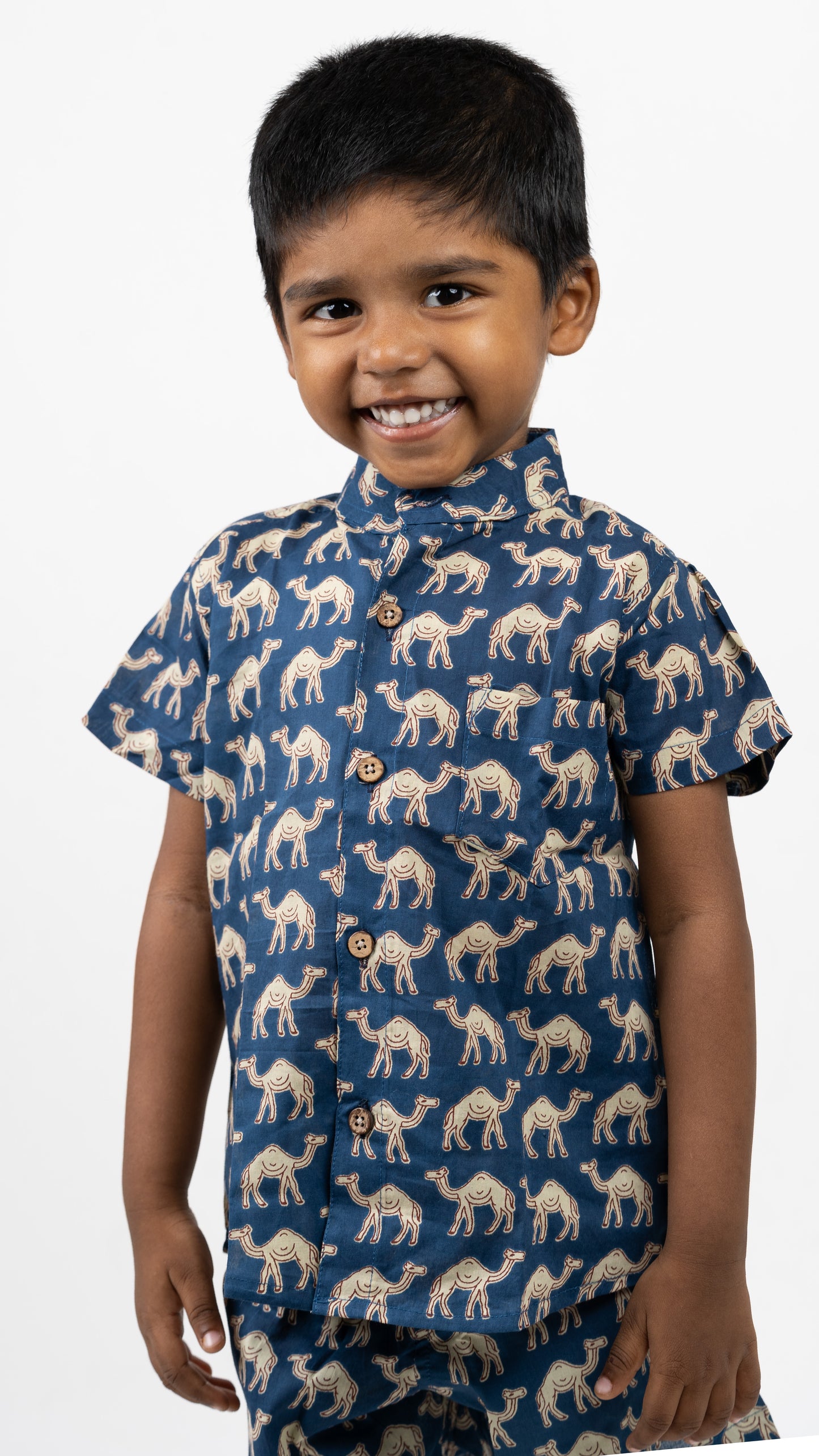 Blue Beige Camel Print Cotton shirt and shorts set