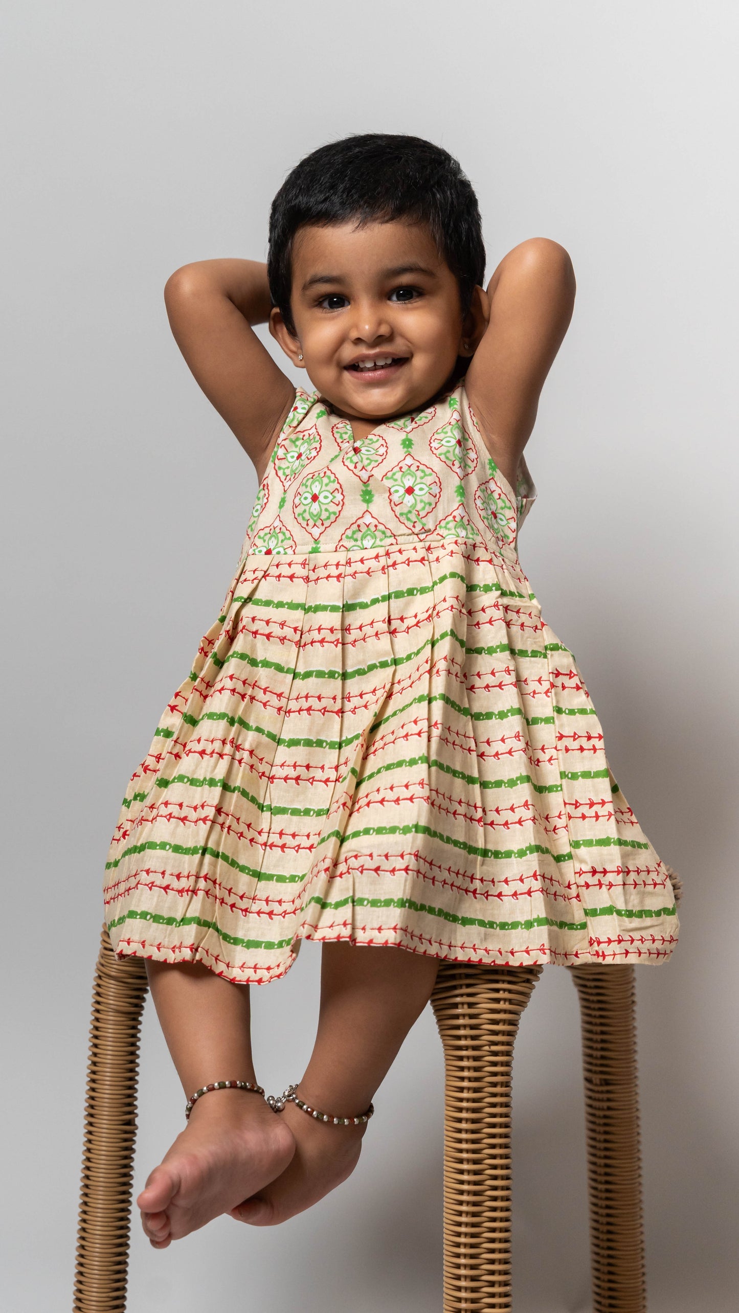 Beige Multi-colour Pattern Cotton Dress