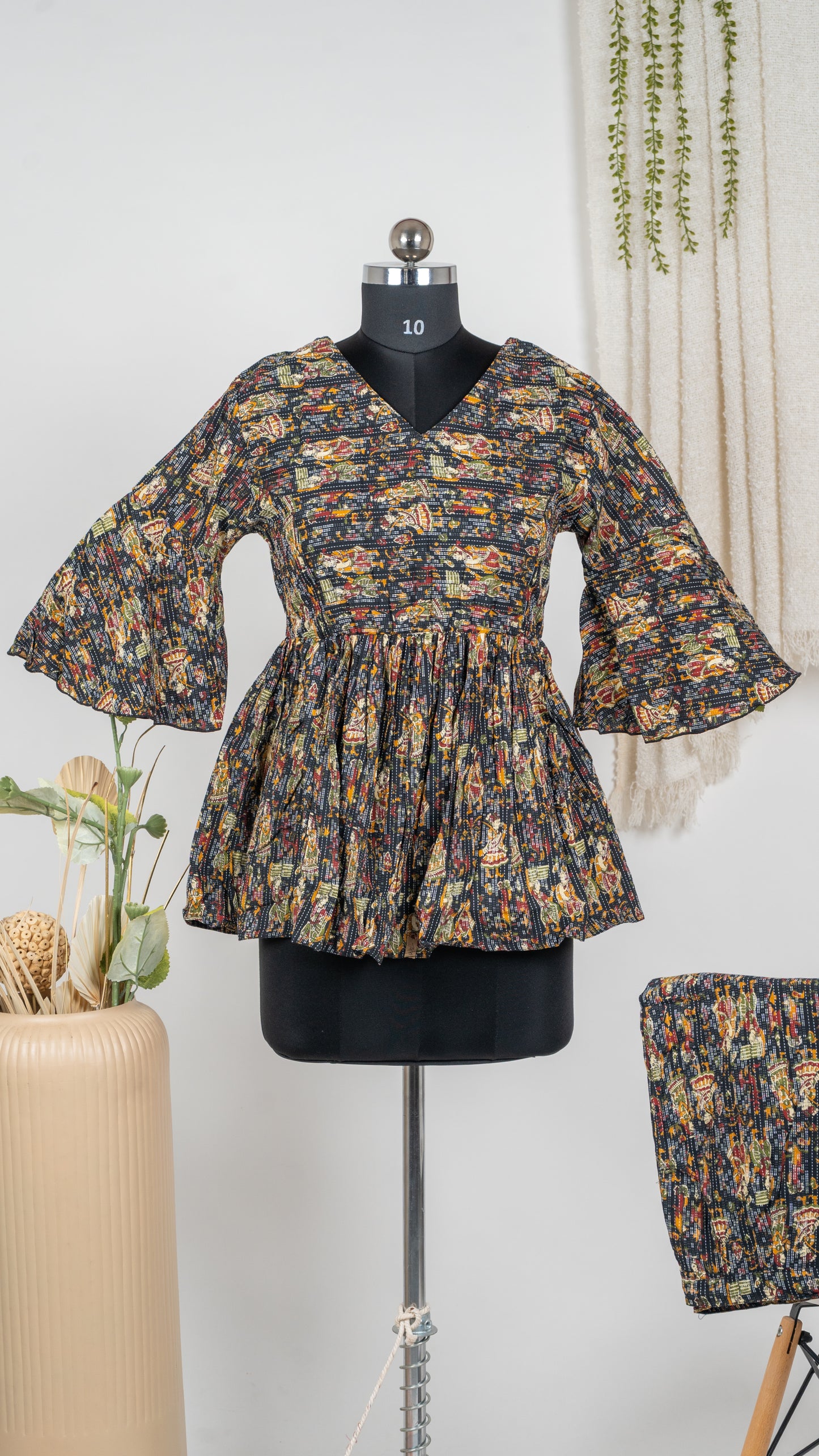 Black Multicolor Floral Cotton Co-Ord Set with Bell Sleeves