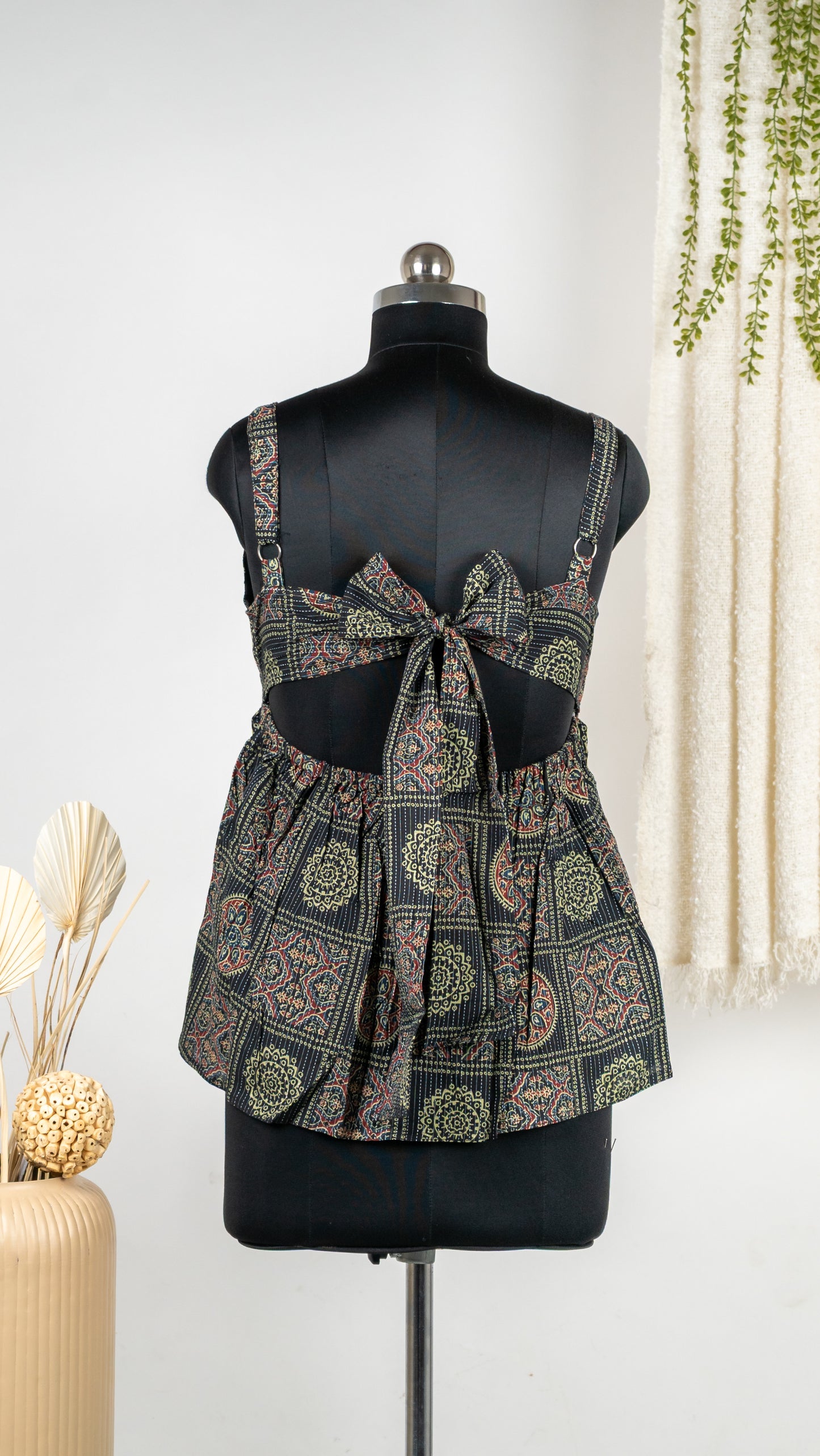Black Ajrakh-Inspired Cotton Tie-Back Dress
