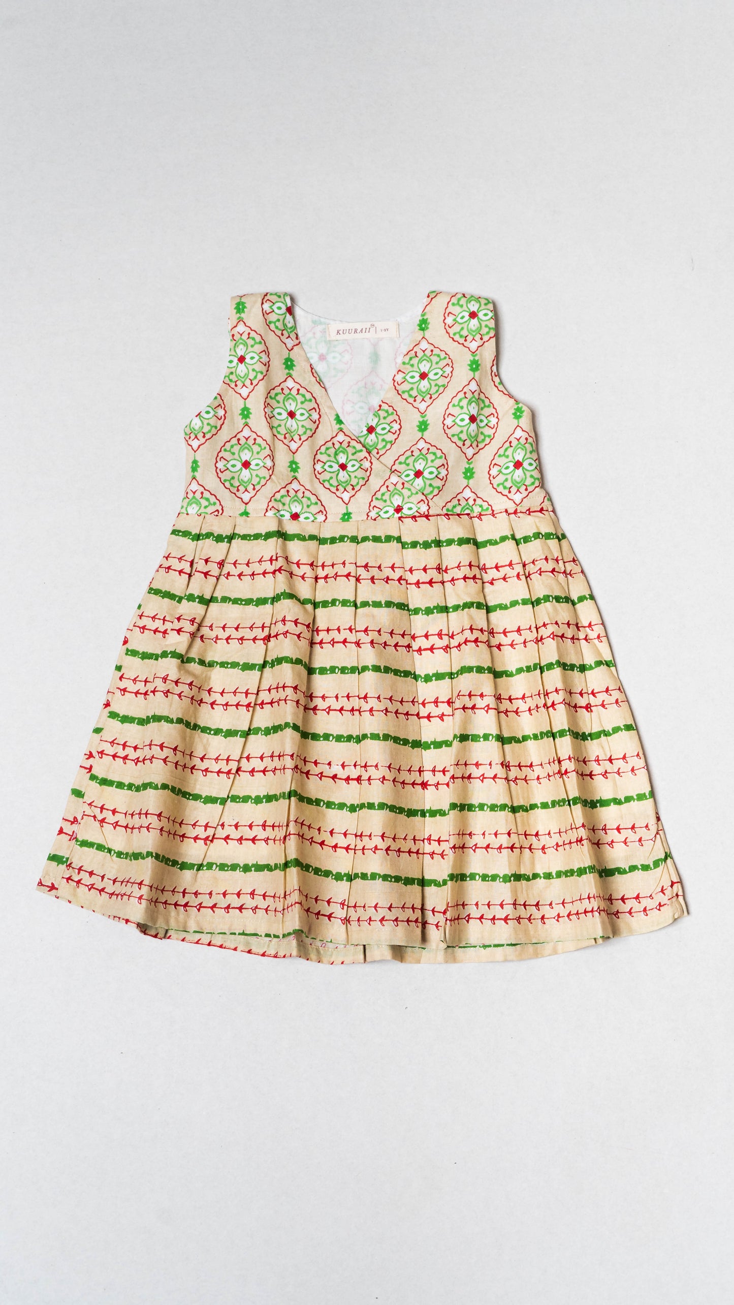 Beige Multi-colour Pattern Cotton Dress