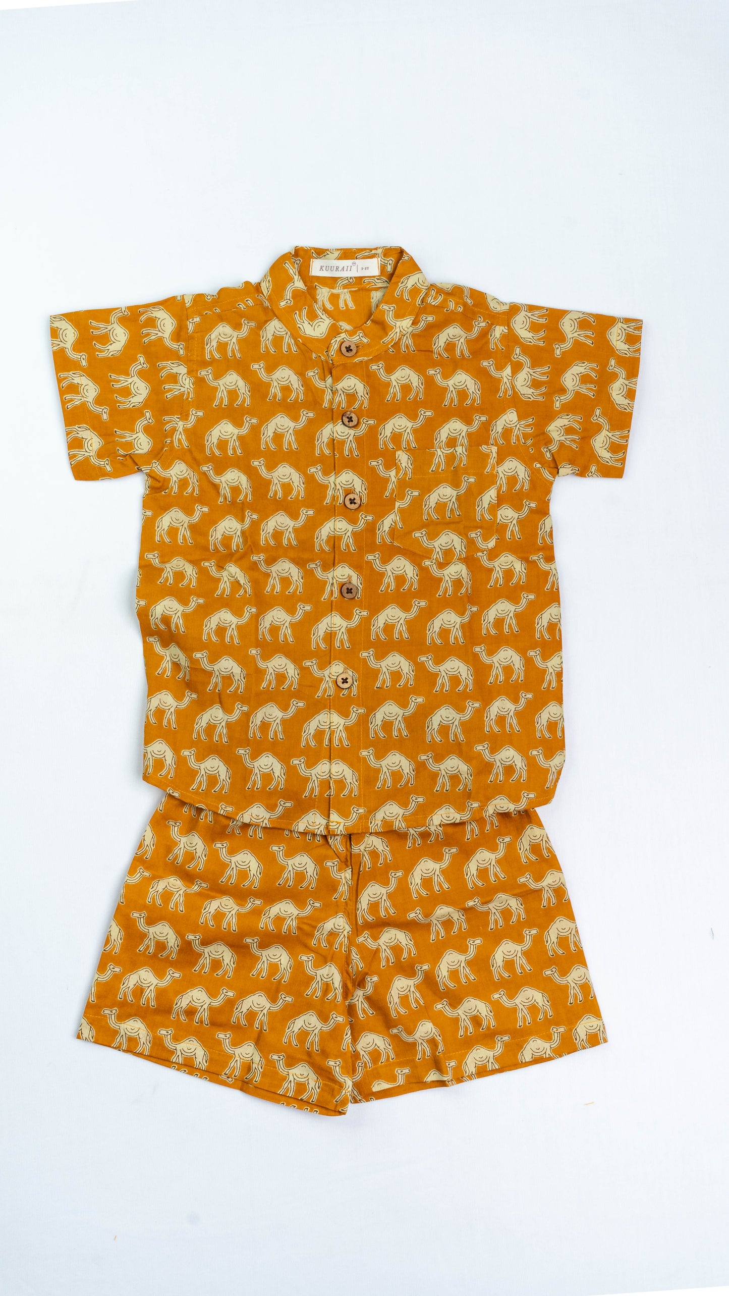 Yellow Camel Print Cotton shirt and shorts set