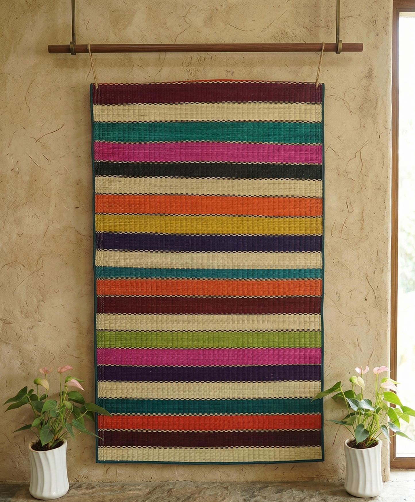 Colorful striped Jamakkalam Pattamadai Pai hanging on a wall with plants on either side.