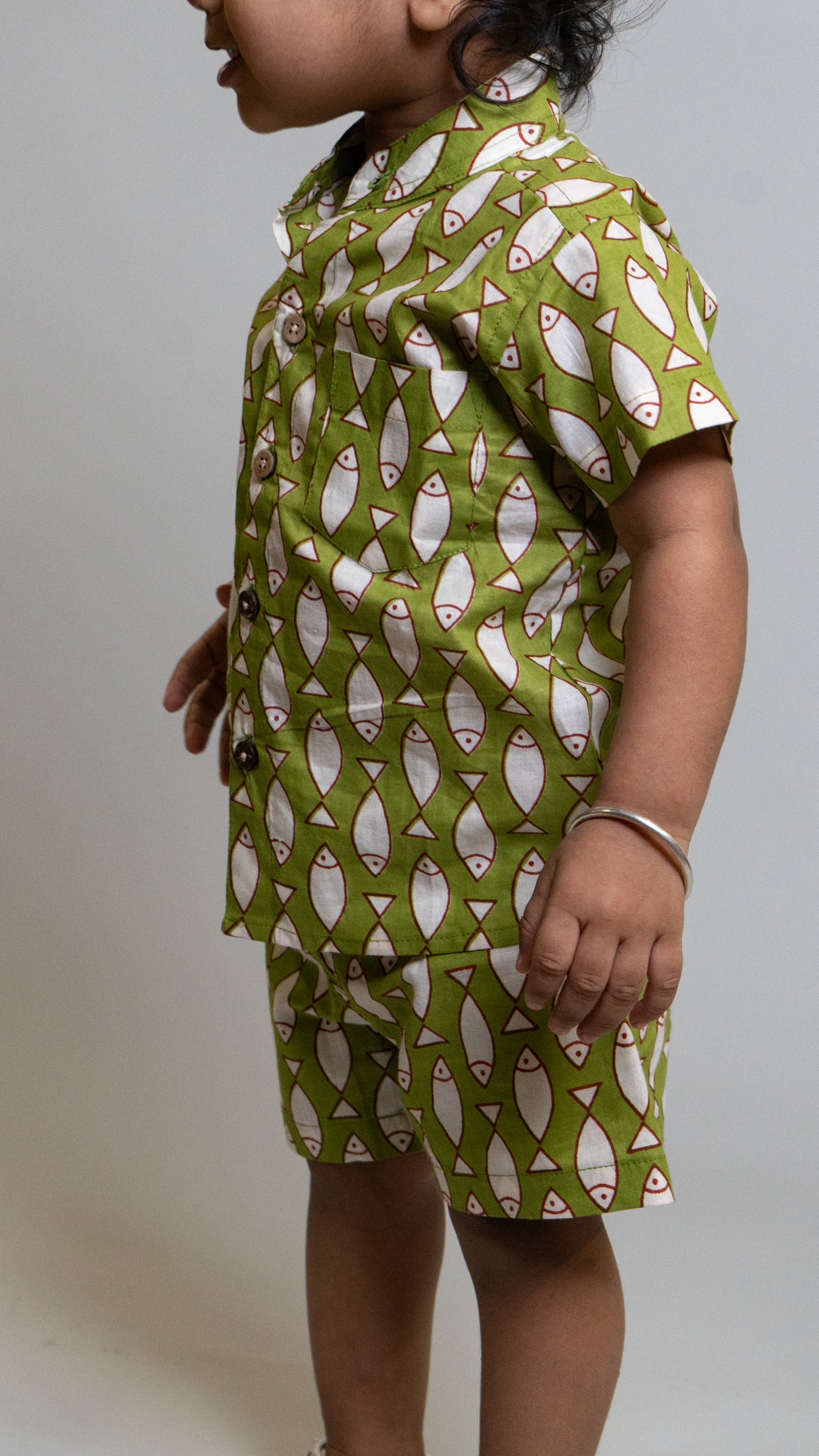 Green Fish Print Cotton shirt and shorts set