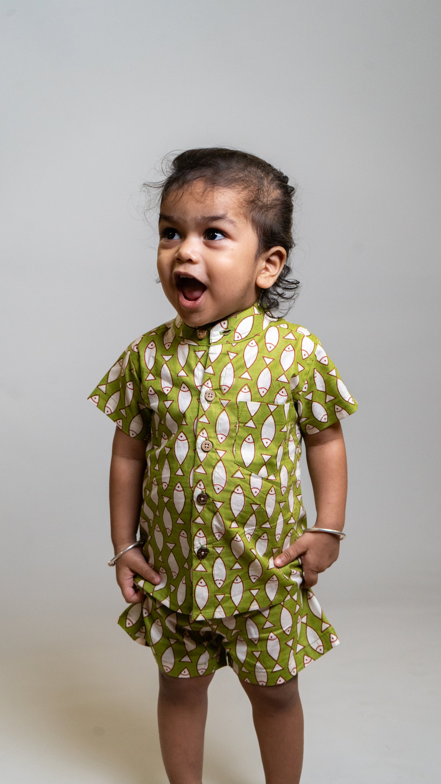 Green Fish Print Cotton shirt and shorts set