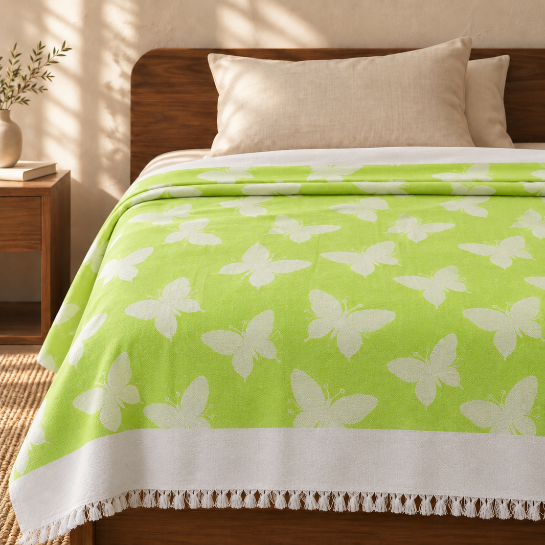 Butterfly Print Lovely Chennimalai Bedsheet - Green — cotton top cover on a bed