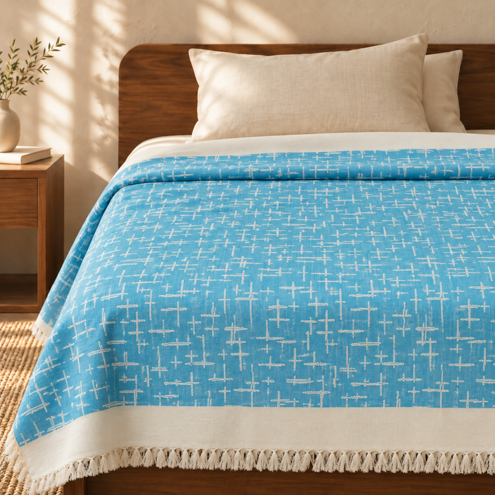 Blue Lovely Chennimalai Bedsheet — cotton top cover on a bed