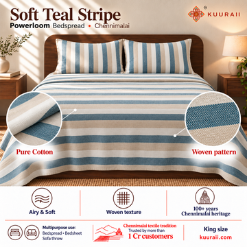 Chennimalai King Size Bedspread -Soft Teal Stripe — Powerloom cotton bedspread features, fabric detail, multipurpose use and King size