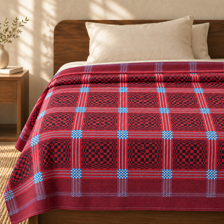 Red Nadhiya Chennimalai Bedsheet — cotton top cover on a bed