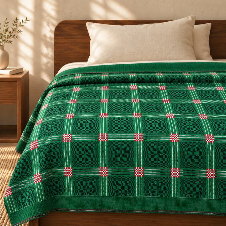 Green Nadhiya Chennimalai Bedsheet — cotton top cover on a bed