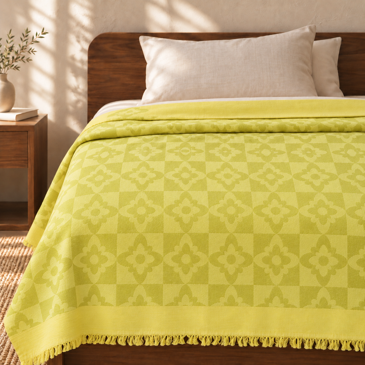 Yellow Bliss Flower Pattern Lovely Chennimalai Bedsheet — cotton top cover on a bed