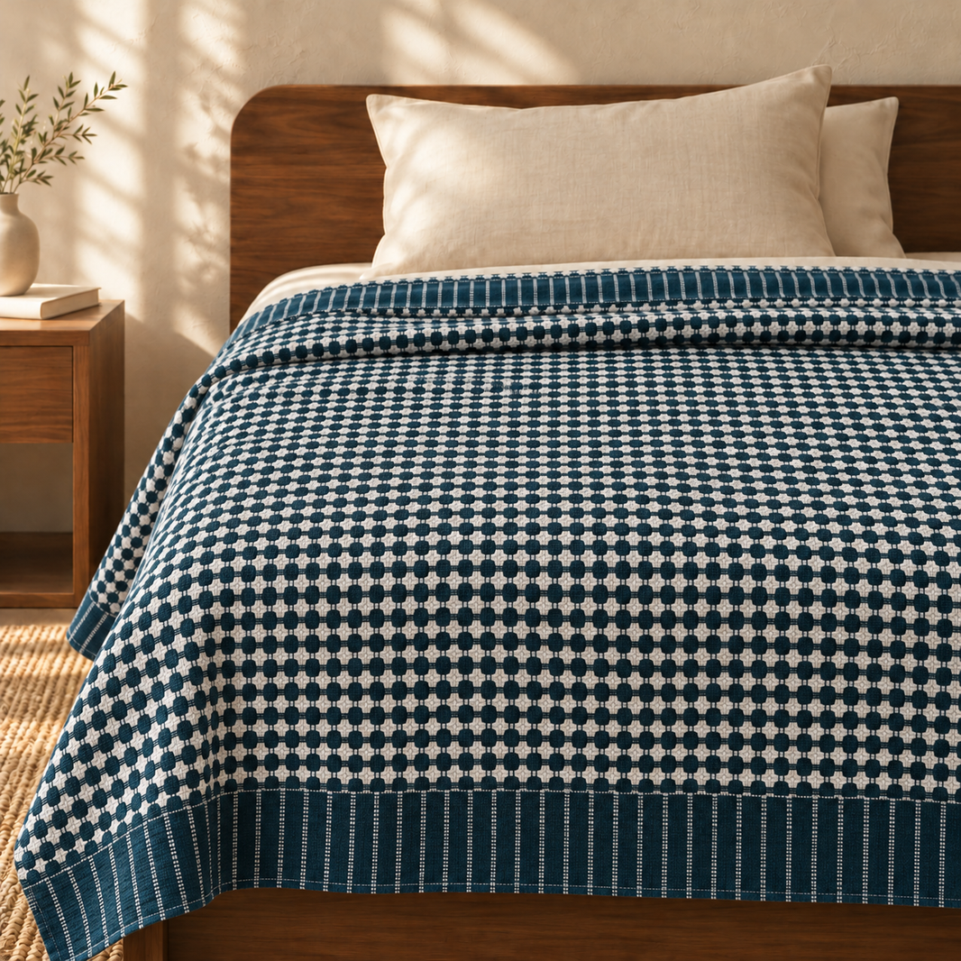 Nayapaisa Chennimalai Bedsheet - Teal — cotton top cover on a bed