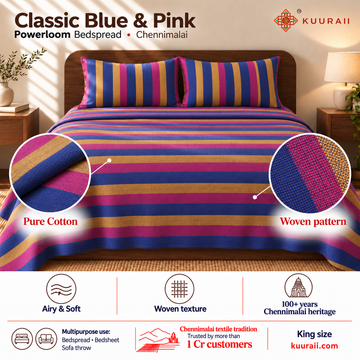 Chennimalai King Size Bedspread Classic Blue & Pink — Powerloom cotton bedspread features, fabric detail, multipurpose use and King size