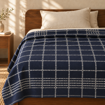 Button Star Chennimalai Bedsheet - Navy blue — cotton top cover on a bed