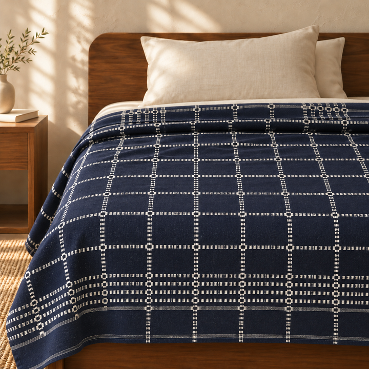 Button Star Chennimalai Bedsheet - Navy blue — cotton top cover on a bed