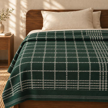 Button Star Chennimalai Bedsheet - Dark green — cotton top cover on a bed