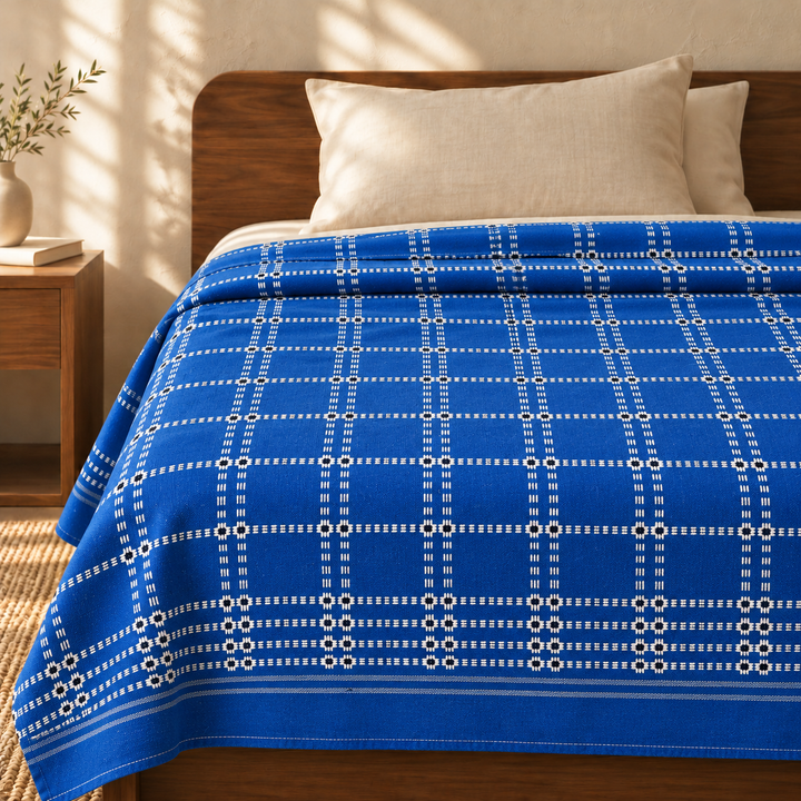 Button Star Chennimalai Bedsheet - Blue — cotton top cover on a bed