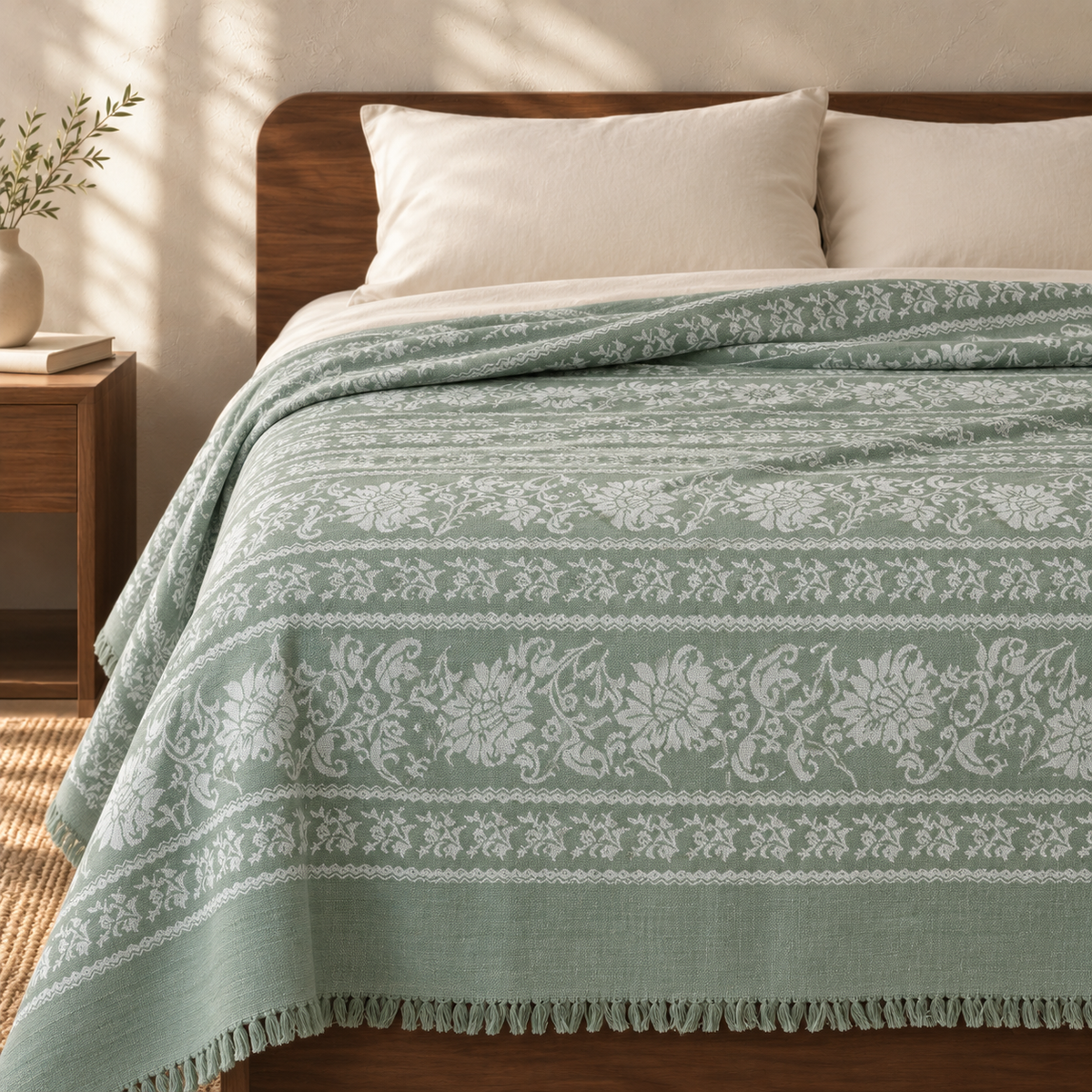 Minted Floral Lovely Chennimalai Bedsheet — cotton top cover on a bed