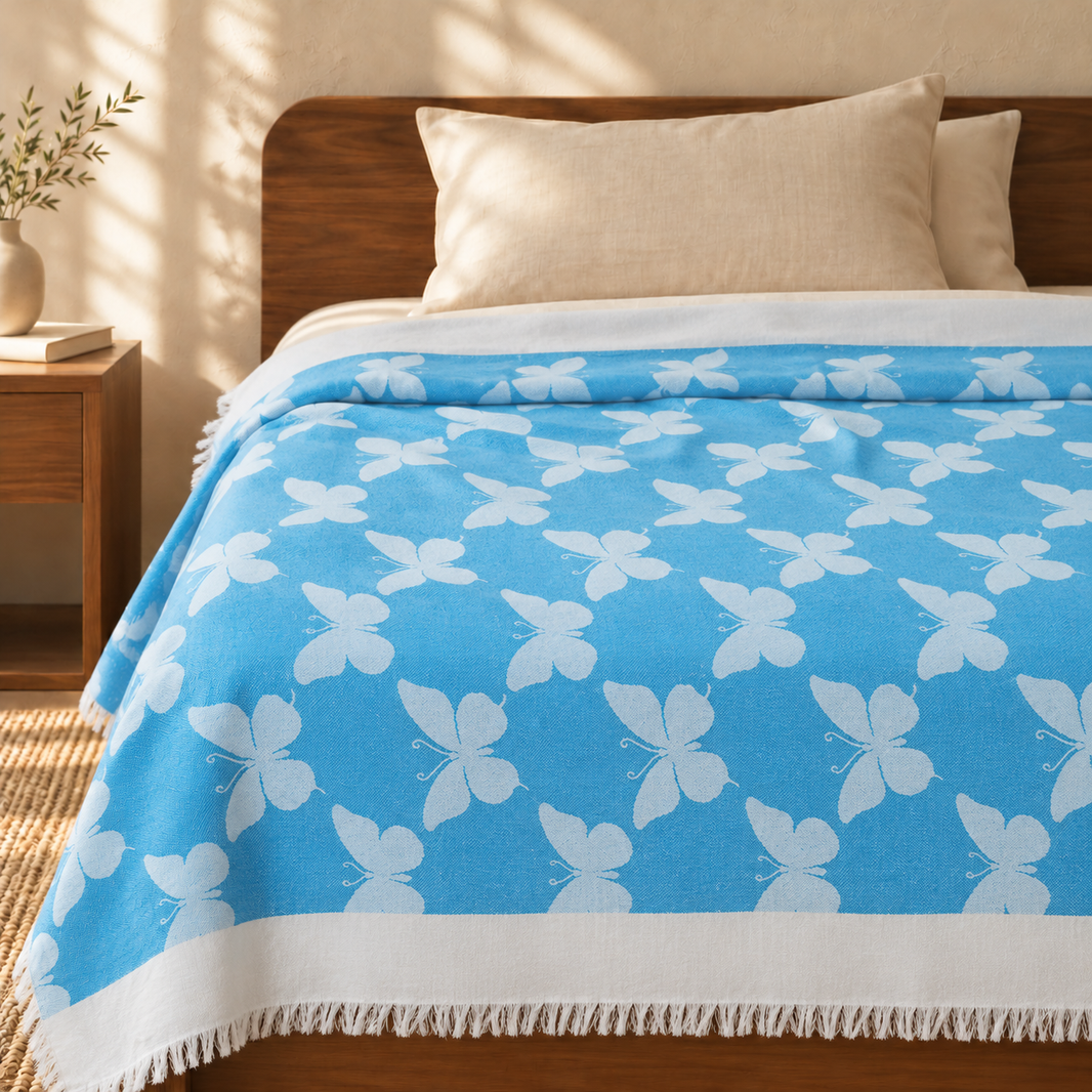 Butterfly Print Lovely Chennimalai Bedsheet - Blue — cotton top cover on a bed