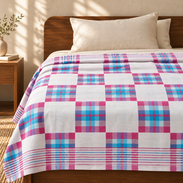 Premium Handloom Candy check Chennimalai Bedsheet-Pink — cotton top cover on a bed