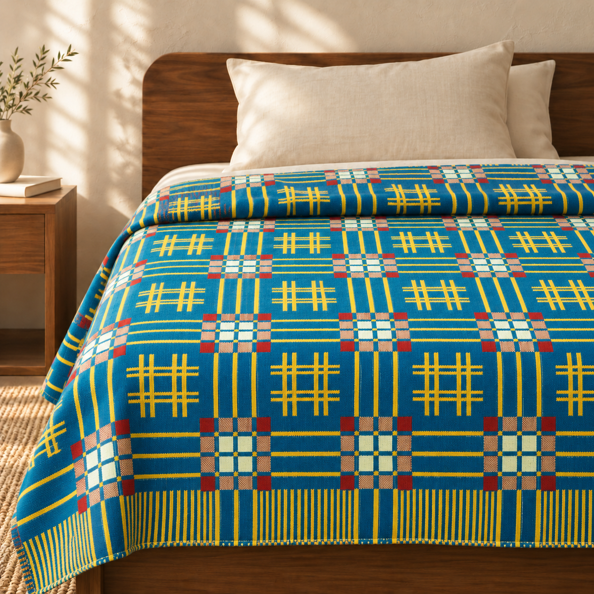 Premium Handloom Royal Teal Chennimalai Bedsheet — cotton top cover on a bed