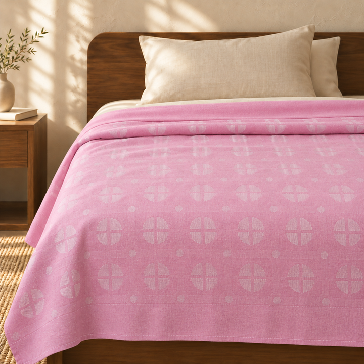 Premium Handloom Soft Rose geometric Chennimalai bedsheet — cotton top cover on a bed