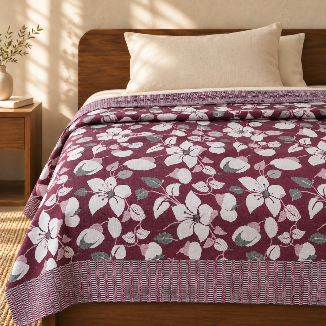 Premium Handloom Maroon floral King Size Chennimalai bedsheet — cotton top cover on a bed