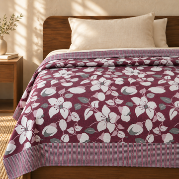 Premium Handloom Maroon floral King Size Chennimalai bedsheet — cotton top cover on a bed