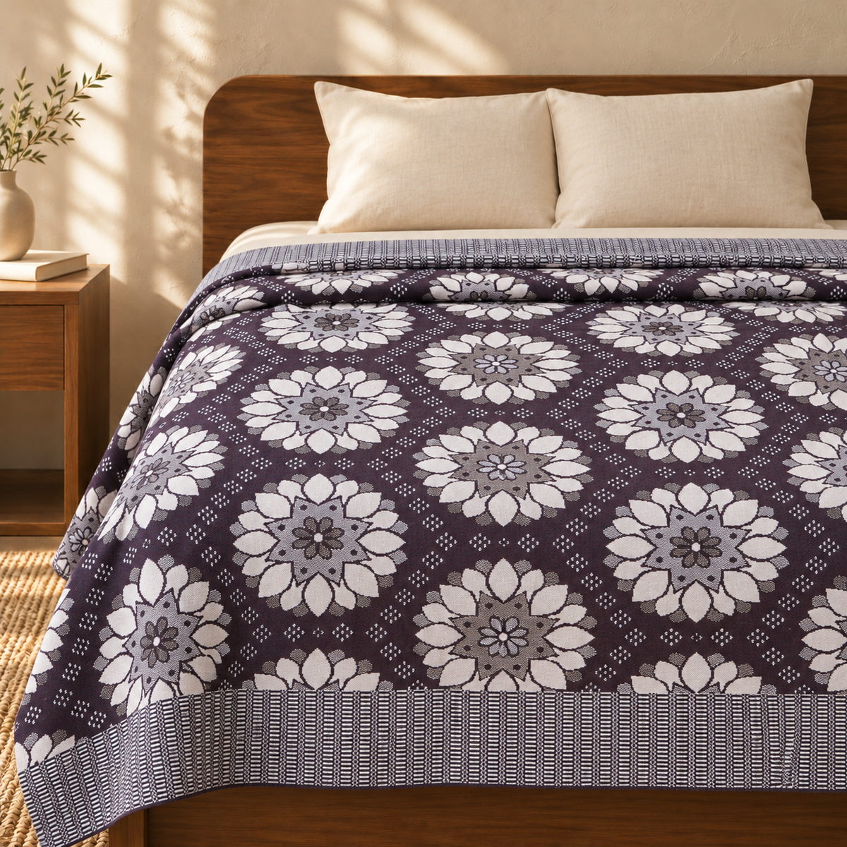 Premium Handloom Ethnic floral King Size Chennimalai Bedsheet — cotton top cover on a bed