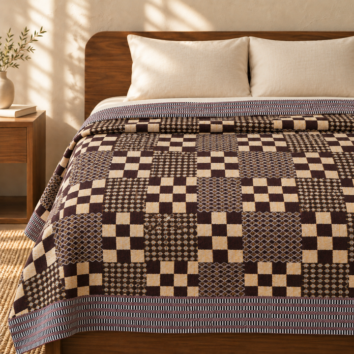 Premium Handloom Royal Checkmate King Size Chennimalai Bedsheet — cotton top cover on a bed