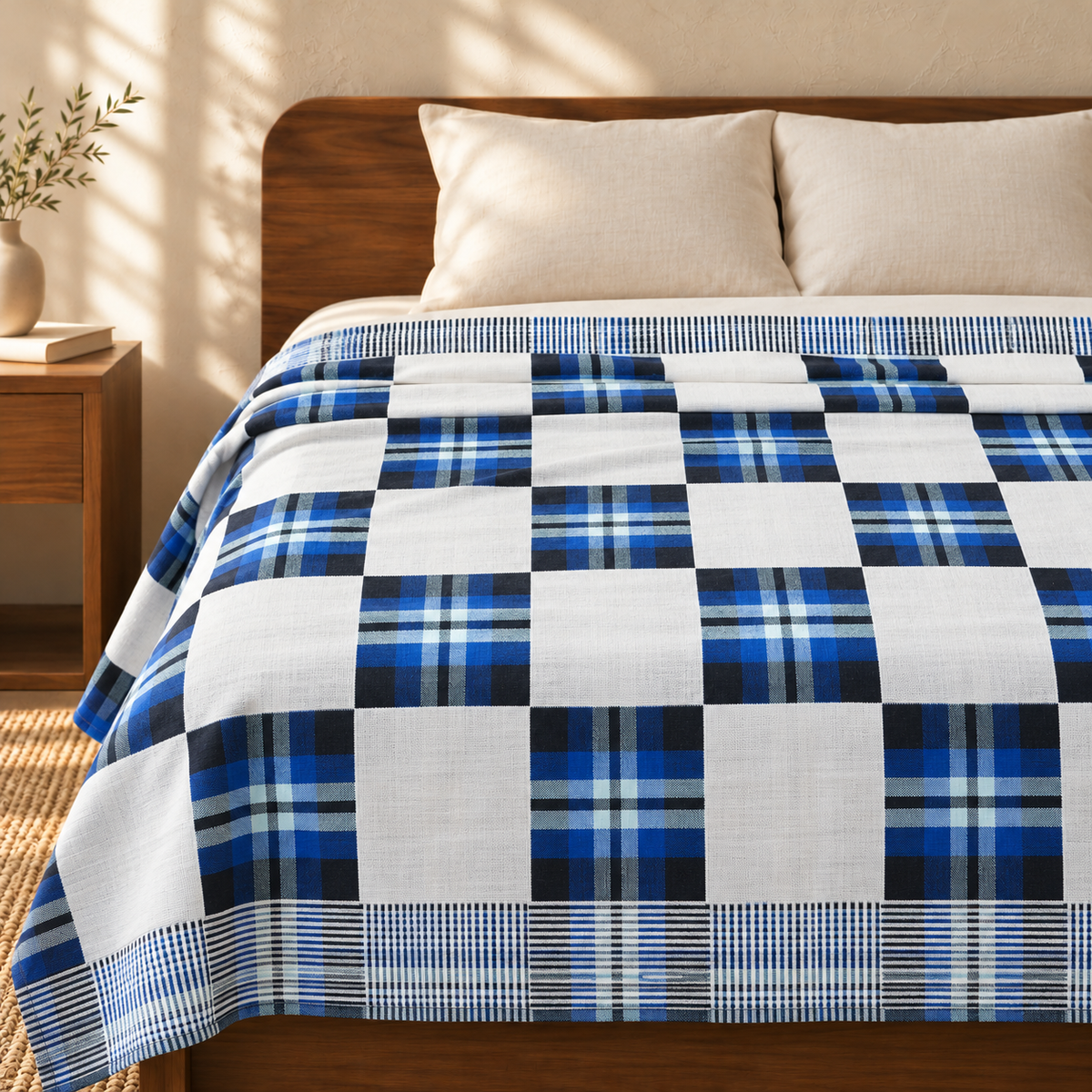 Premium Handloom Candy Check King Size Chennimalai Bedsheet - Blue — cotton top cover on a bed