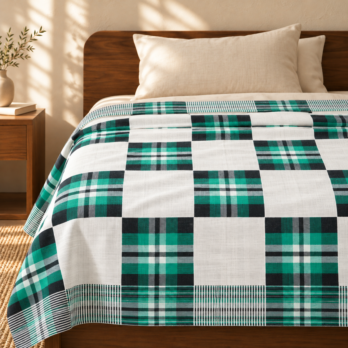 Premium Handloom Candy Check King Size Chennimalai Bedsheet - Green — cotton top cover on a bed