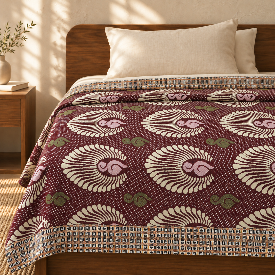 Jacquard Double Cot Bedsheet - Maroon feather — cotton top cover on a bed